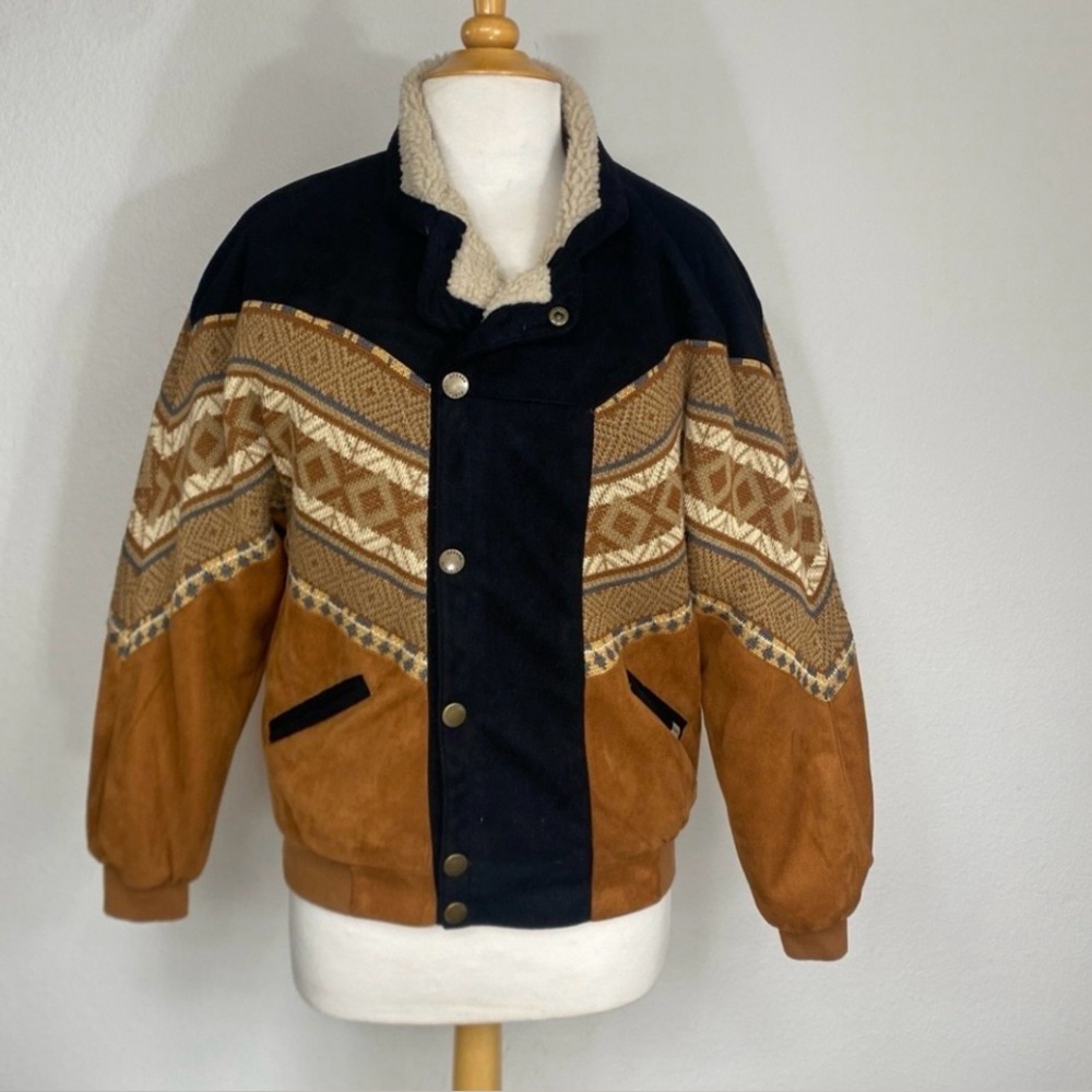 Ghanda Women Cognac Southwest Faux Suede Knit Sherpa Lined Bomber Jacket Size XS
